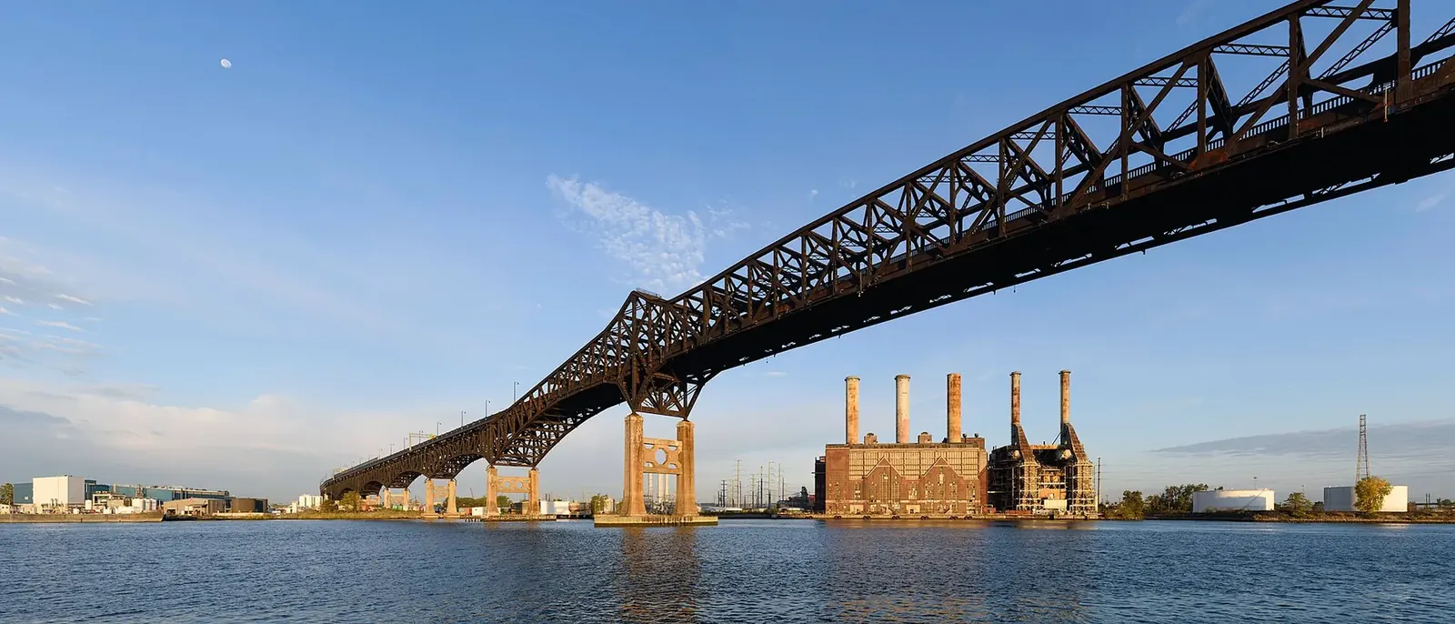 The Pulaski Skyway steel bridge crossing the industrial waterway near Newark